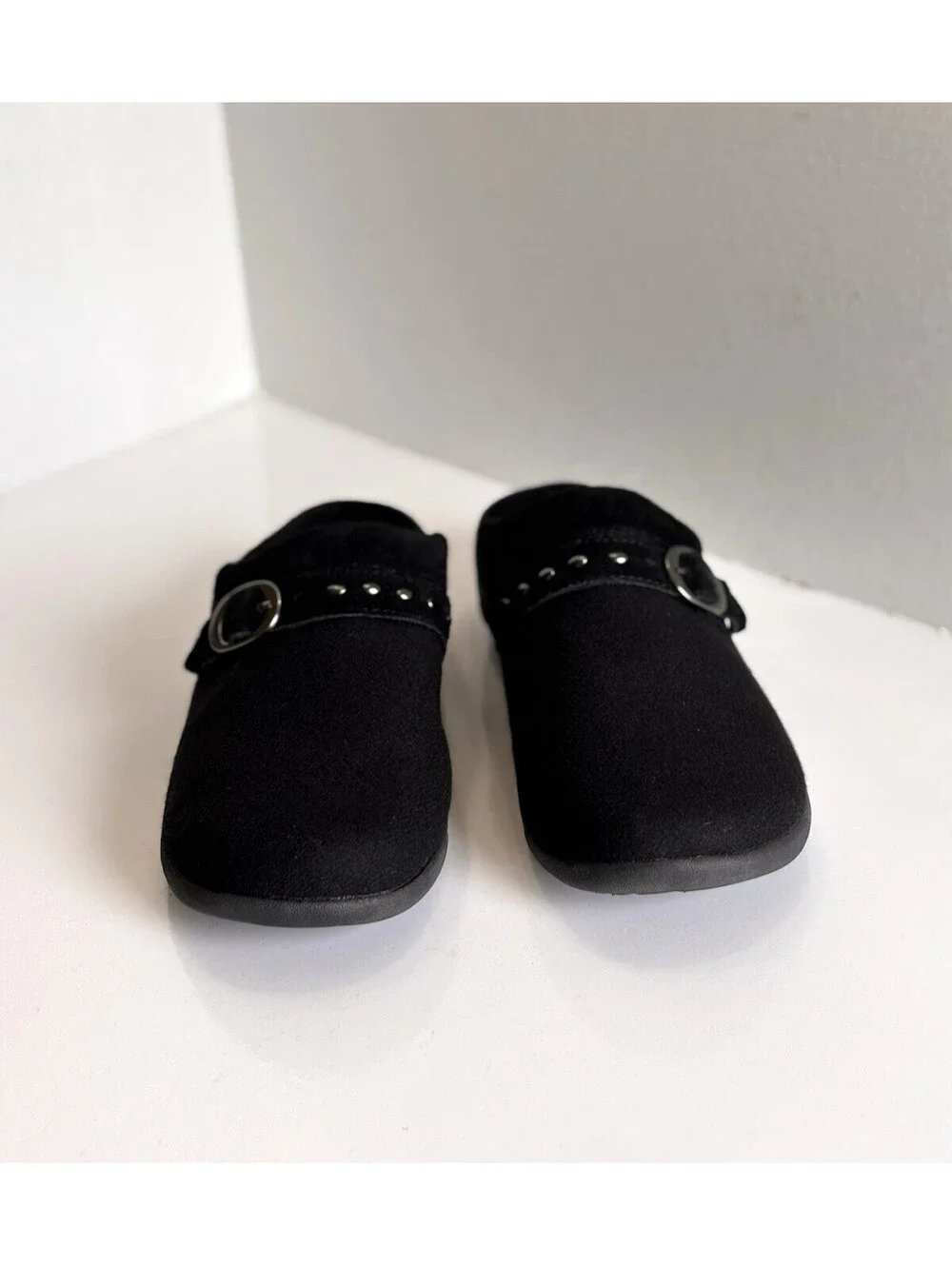 Spenco Ashley Mule Clogs Women's Sz 9.5 Black Wool Buckle Orthotic Comfort Shoes